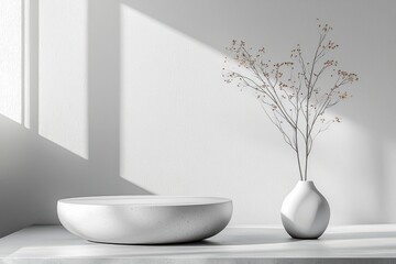 Minimalistic Interior Design with Decorative Bowl and Vase in Bright Natural Light for a Modern Aesthetic