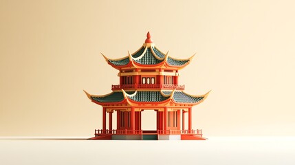 Whimsical felted wool art blending Chinese architecture & cute 3D food icons in ultra-detailed 8K. Minimalist, surreal, and charmingly miniature