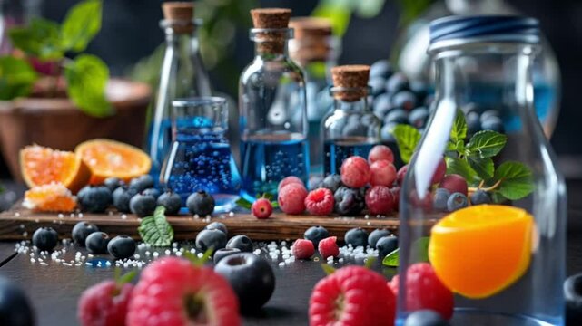Vibrant Berries and Blue Elixirs: A Still Life of Summer Fruits and Refreshing Beverages
