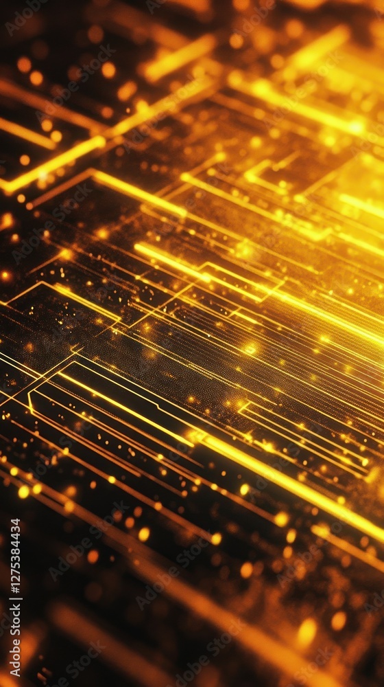 Poster abstract golden digital lines and particles create a vibrant background, suggesting technology and i
