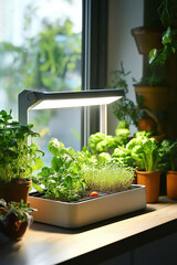 A cozy kitchen with a countertop hydroponic garden growing fresh herbs and vegetables
