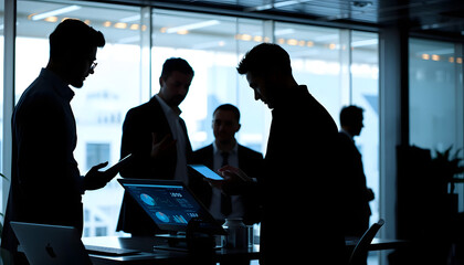 A professional business setting featuring two businessmen in suits working on laptops in a modern office. The digital interface with futuristic analytics and data charts overlays the image