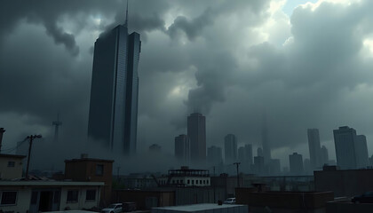 Dystopian city in ruins with cracked skyscrapers and dark smog.
