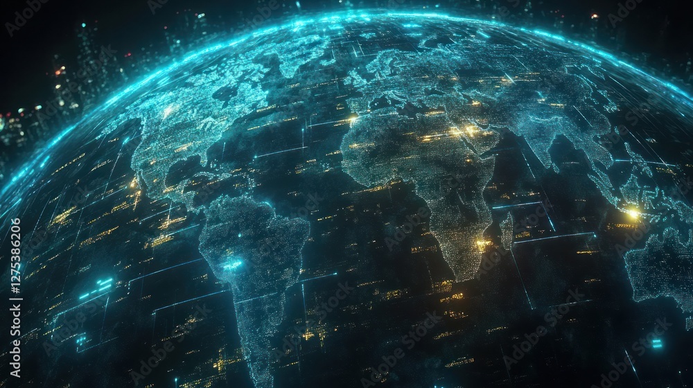 Aufkleber digital globe with data streams illuminating cities