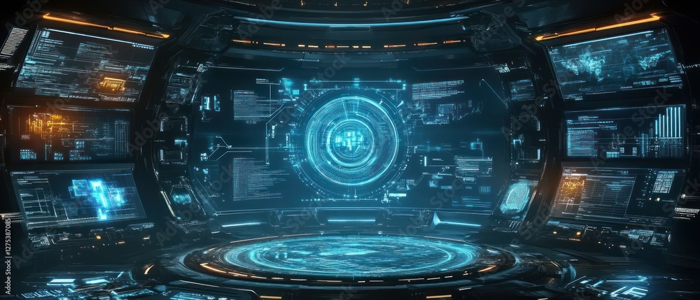 Poster futuristic control room with digital interfaces and screens