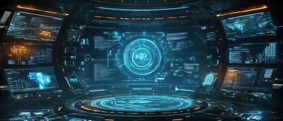 Obraz premium Futuristic control room with digital interfaces and screens