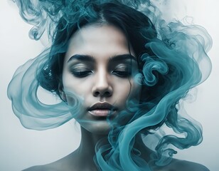 Serene Woman Emerging from Teal Smoke