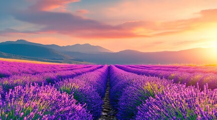 Fototapeta premium Lavender field at sunset in Provence, France. Beautiful summer landscape with blooming lavender flowers on the meadow in a purple color. Panoramic view of the colorful sky and clouds above the blue