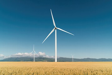 Fototapeta premium Wind turbines stand tall in golden fields under clear blue sky,