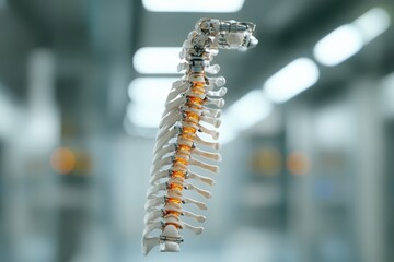 A surreal conceptual artwork of a human spine, merging with metallic elements and robotic parts, symbolizing the fusion of biology and technology. 