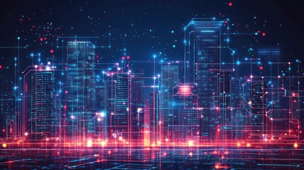 Fototapeta premium Futuristic city skyline with digital connections at night