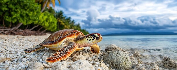 Obraz premium Sea Turtle on Shoreline with Clear Ocean and Lush Background