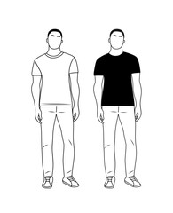 Casual man character standing front view. Young guy in white and black t-shirt, jeans, sneakers. Male character Full body outline black drawing for tshirt mockup vector isolated 
