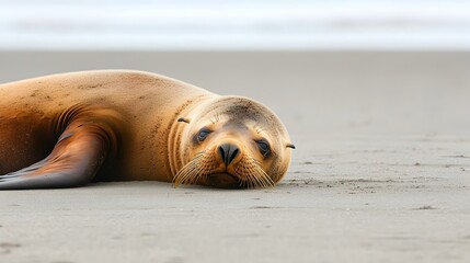 Fototapeta premium Calm Sea Lion Relaxing on Sandy Beach Under Soft Natural Light
