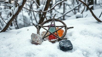Crystal Pentagram Ritual Snowscape - Esoteric Gemstones Winter Solstice
