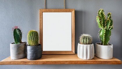 Minimalistic Scandinavian Interior with Mockup Poster Frame and Hanging Wooden Shelf A Cozy yet Modern Sanctuary in Muted Tones, Evoking a Sense of Tranquility and Balance.
