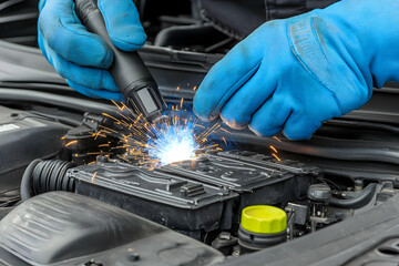 Obraz premium Auto Mechanic Welding Car Battery