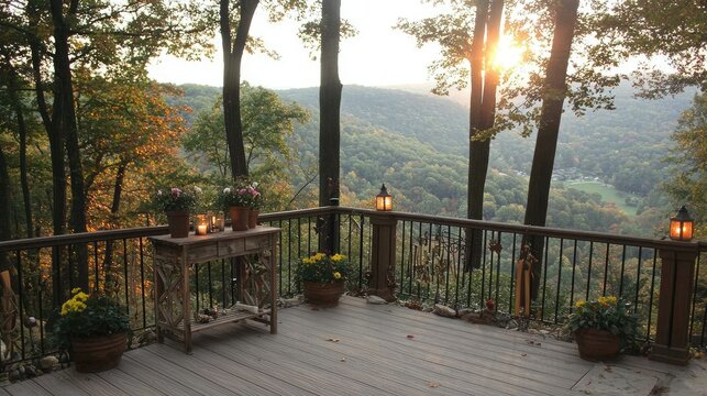Serene Autumn Sunset Over Mountain Range from Deck