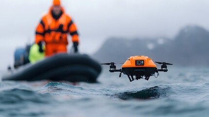 Fototapeta premium Orange Water Drone in Action with Operator on a Boat
