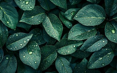 Fototapeta premium Abstract dark green leaves texture background with water drops, close-up view. Nature concept. Flat lay style. Stock photo with 2/3 space for text placement. 