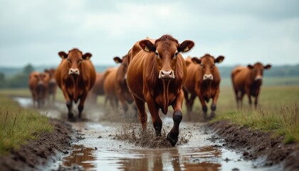 Herd of brown cows walking through muddy path. Cloudy day rural scene with cattle splashing water and mud. Livestock explores countryside during rain.