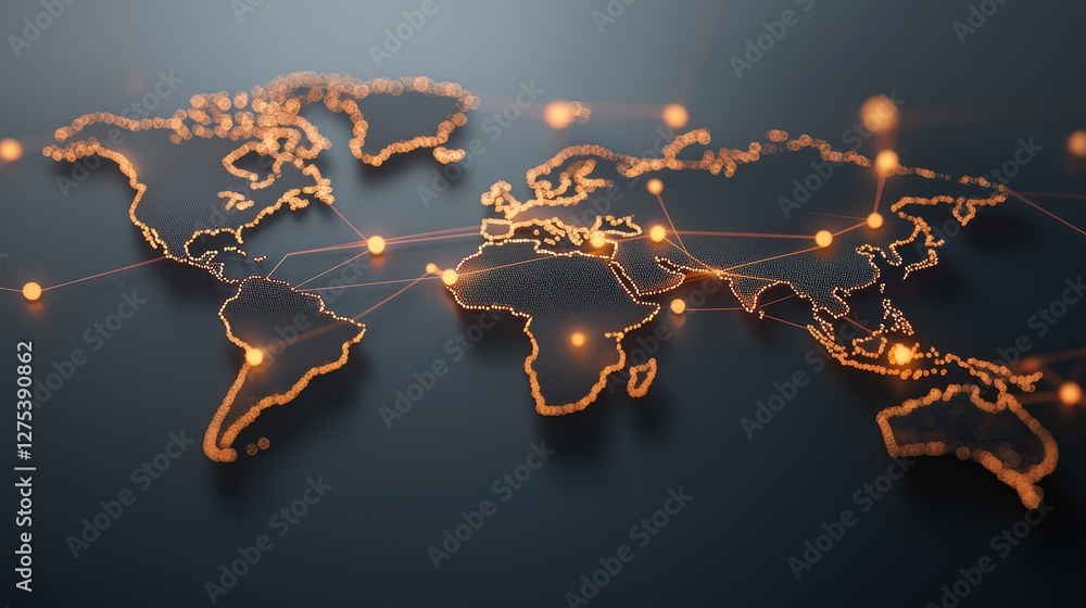 Poster world map with glowing lines representing global data flow and communication networks, illustrating 