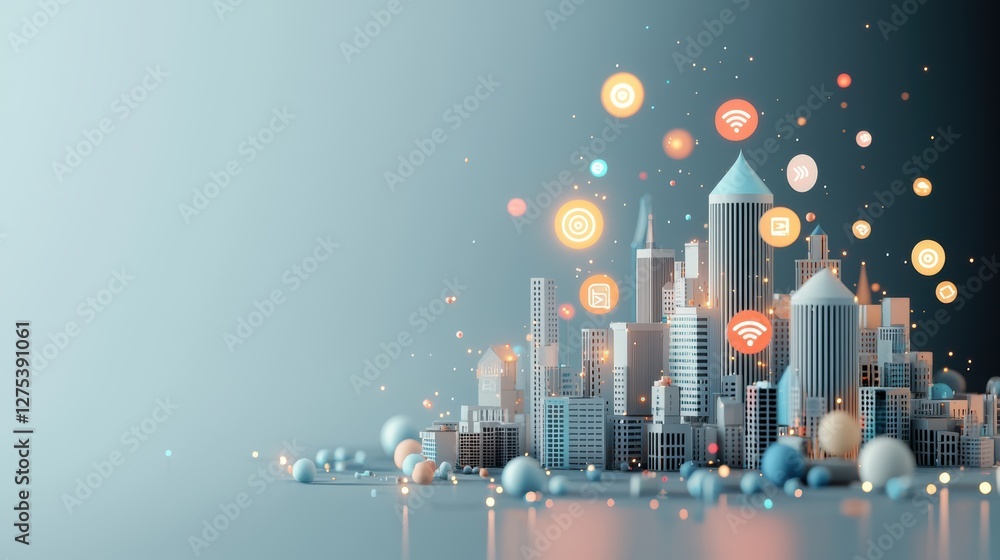 Poster a panoramic view of a city with 5g network coverage, represented by glowing icons and data streams f