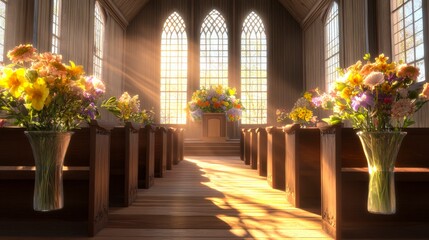 Serene Church Interior with Floral Arrangements and Sunlight Streaming Through Stained Glass Windows Evokes Hope and Tranquility.
