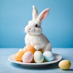 White Easter Bunny with Pastel Eggs