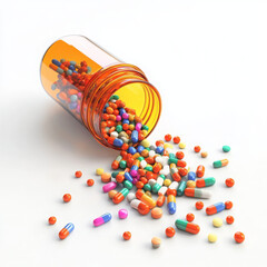 Pills spill from bottle, creating scattered colorful and chaotic health mess