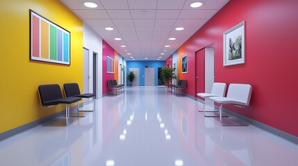 A vibrant and colorful hallway with modern architecture, featuring geometric patterns and a dynamic backdrop, creating a visually striking and contemporary space.






