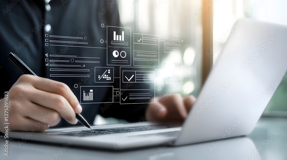 Aufkleber Sleek and modern digital survey and online exam interface with user friendly interactive virtual checklist displayed on a laptop  The soft ambient natural lighting casts a warm glow