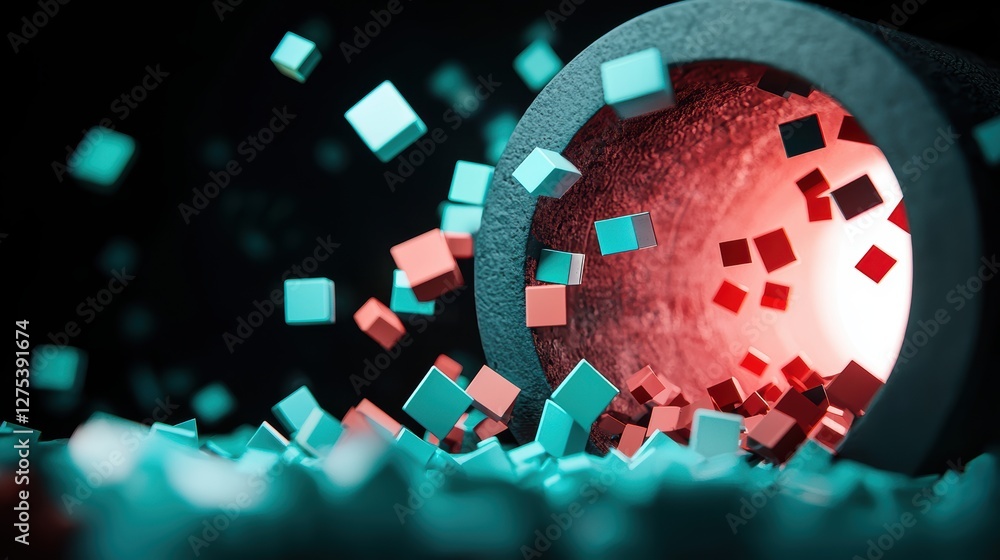 Poster abstract visualization of data security, with encrypted data packets traveling through a secure tunn