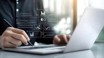 Sleek and modern digital survey and online exam interface with user friendly interactive virtual checklist displayed on a laptop  The soft ambient natural lighting casts a warm glow