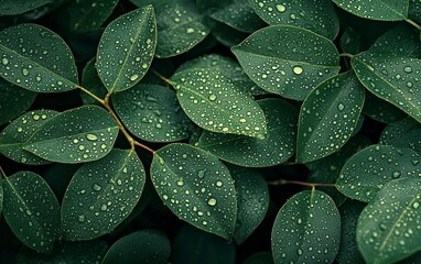 Obraz premium Abstract dark green leaves texture background with water drops, close-up view. Nature concept. Flat lay style. Stock photo with 2/3 space for text placement. 
