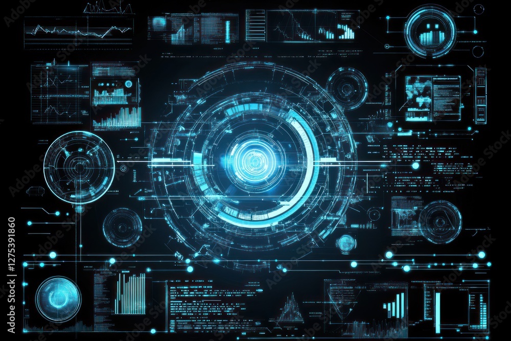 Poster futuristic data visualization interface with graphs