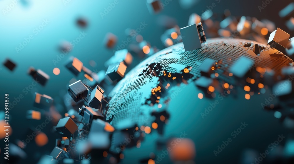 Poster a network of interconnected devices forming the shape of a globe, representing the global reach of t