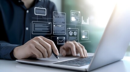 User interacting with an AI driven digital assessment platform showcasing an intuitive online survey on a futuristic laptop interface with soft sunlight streaming in against a bright and refreshing