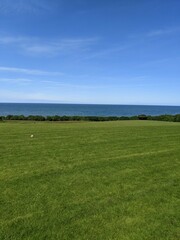 sky, grass, landscape, field, green, meadow, nature, summer, blue, hill, horizon, countryside, country
