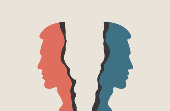 Torn face split personality of human psychology, mental health illustration
