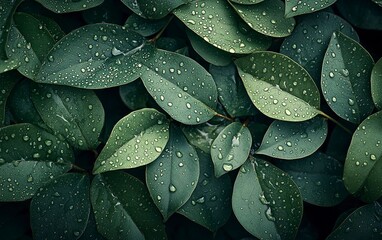 Obraz premium Abstract dark green leaves texture background with water drops, close-up view. Nature concept. Flat lay style. Stock photo with 2/3 space for text placement. 