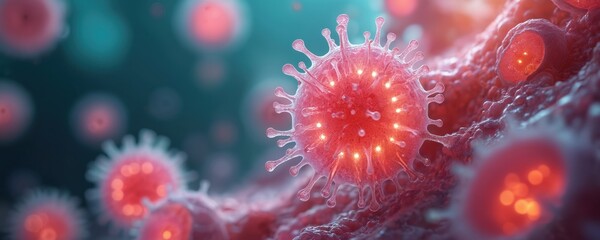 Illustration of leukocytes cells in artistic medical style. Visualized red coronavirus virions, defense response, organic life research. Microscopic antibody study for healthcare, biomedical