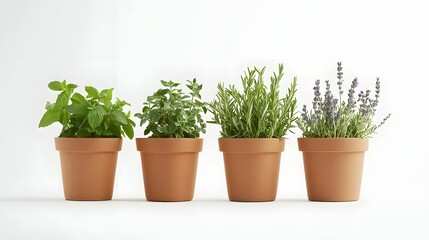 Fototapeta premium Minimalist Potted Herbs in White Studio Setup