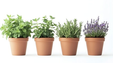 Fototapeta premium Minimalist Potted Herbs Mint Rosemary Lavender Thyme Displayed on Plain White Background