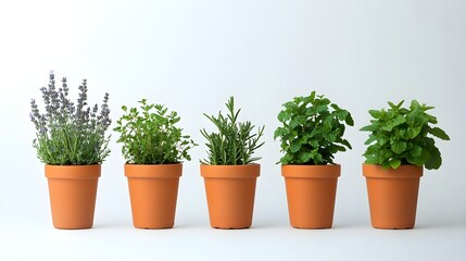 Fototapeta premium Assortment of Aromatic Potted Herbs on Plain White Background