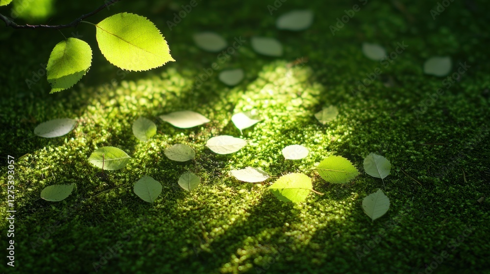 Poster the intricate shadows of leaves and branches cast on a mossy forest floor, creating a dappled patter
