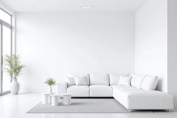 Modern living room white color scheme sofa side tables gray rug