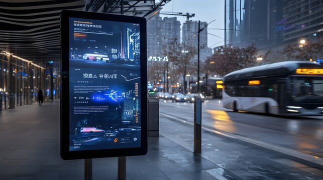 Advanced public transportation station featuring a futuristic design with smart digital signage showing real time bus tracking and with autonomous ride sharing vehicles  Showcasing the of technology