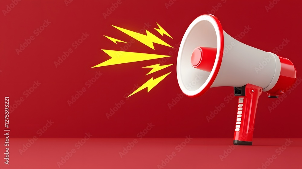 Poster 3d of a red and white megaphone projecting bold yellow lightning effects symbolizing loud alerts and