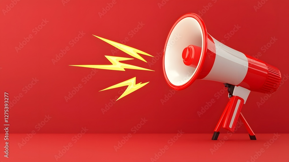 Poster sleek and modern 3d rendered loudspeaker device in bold red and white color emitting vivid yellow li